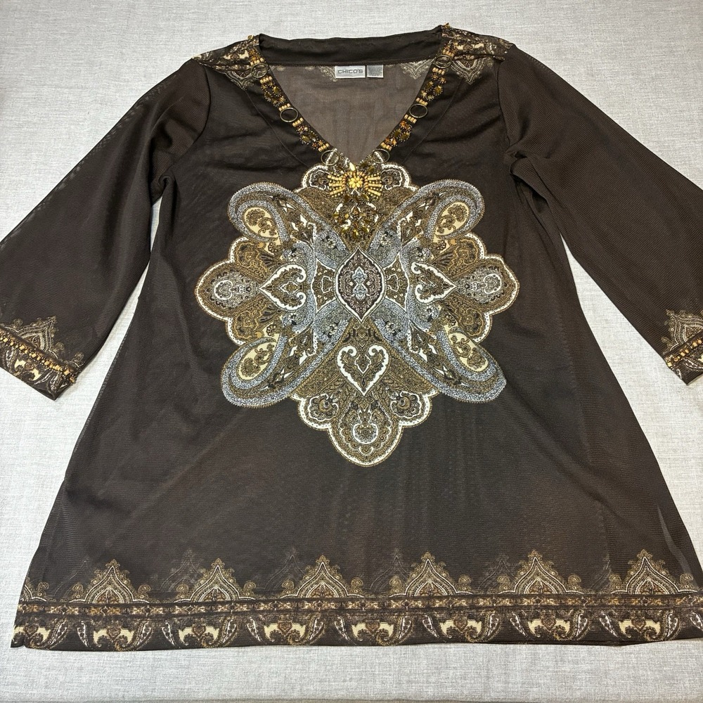 Chicos Brown Medallion Beaded Embellished Sheer Tunic Top Size 2 Large